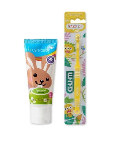 Зубна паста дитяча Applemint (від 0 до 3 років) Brush-baby 50 мл та зубна щітка GUM Baby жовтого кольору 2489069120 фото