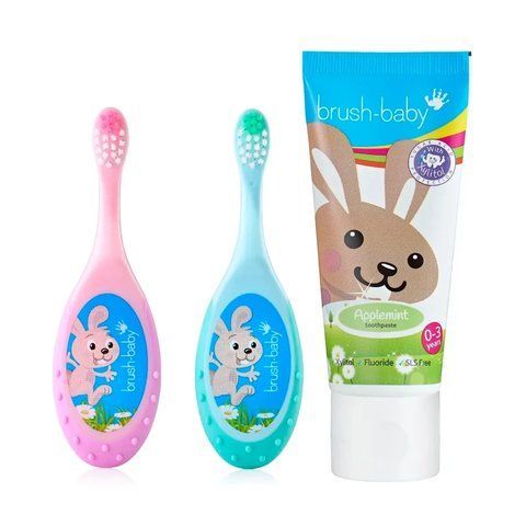 Зубна щітка FlossBrush&trade; Baby Bristles (0-3 роки) подвійна упаковка рожево-бірюзового кольору з дитячою зубною пастою з яблучною м' 3560737379 фото
