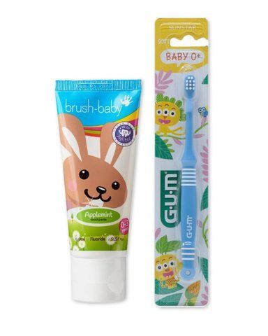 Зубна паста дитяча Applemint (від 0 до 3 років) Brush-baby та зубна щітка GUM Baby синього кольору 2489066969 фото